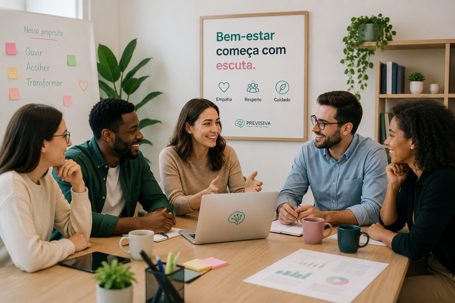 Equipe reunida conversando sobre bem-estar no trabalho